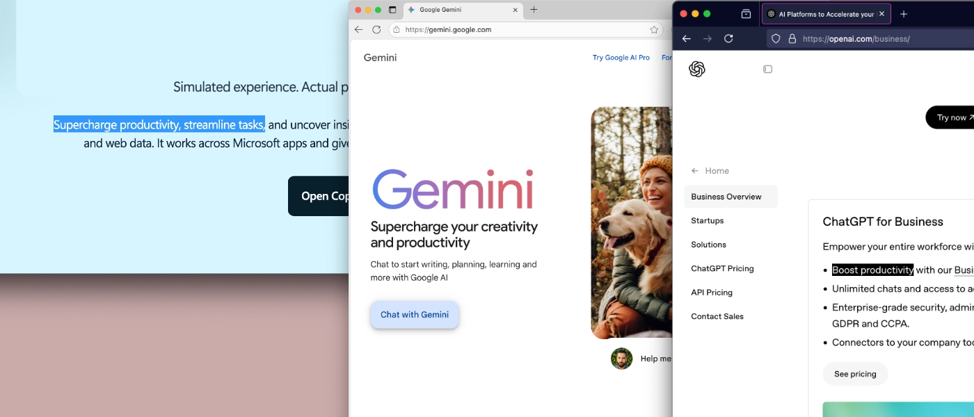 screenshots from Microsoft, Google and OpenAI highlighting claims of supercharging and productivity