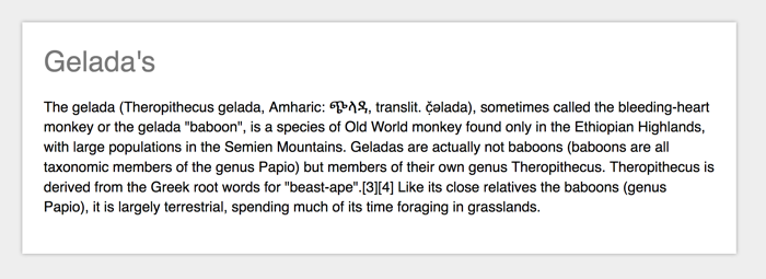 Card with text about Geladas