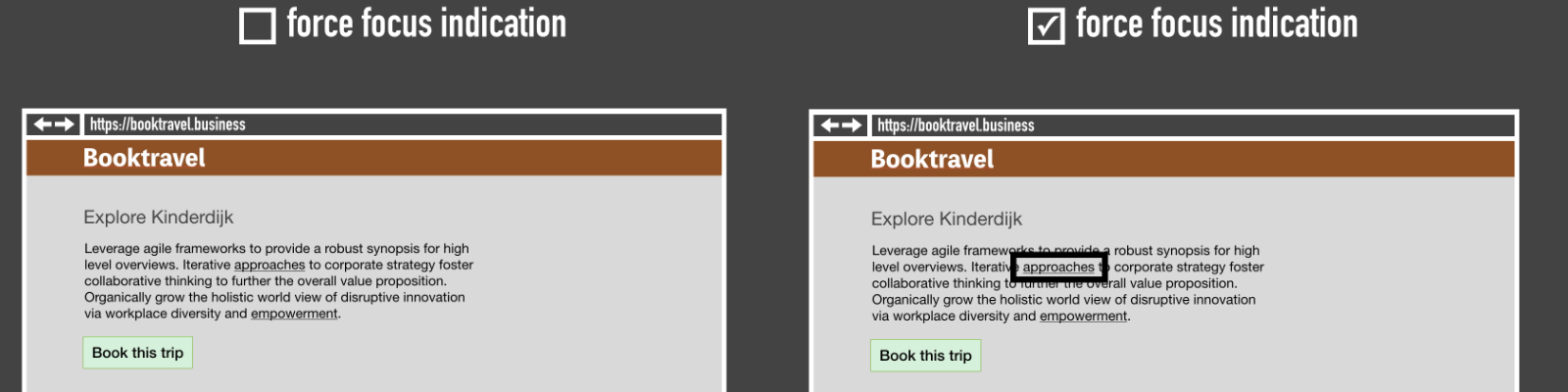 screenshot left: unchecked checkbox force focus indication, screenshot left: checked checkbox force focus indication, large focus outline drawn