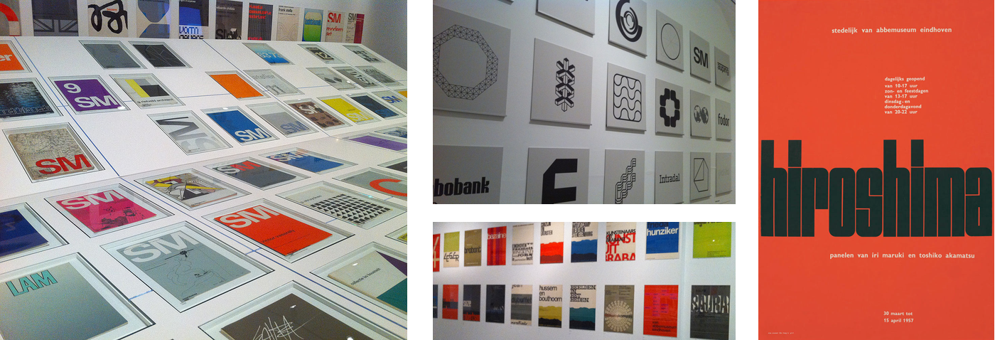 Photos of posters and logos on museum walls and original hiroshima poster on the right