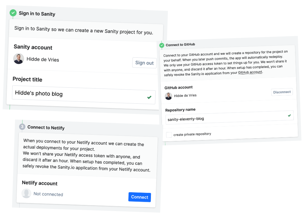 three screenshots, first two show logged in accounts, the third is not yet logged in