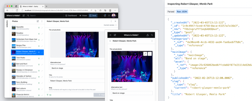 post editor on desktop view and mobile view plus screenshot of outputted JSON